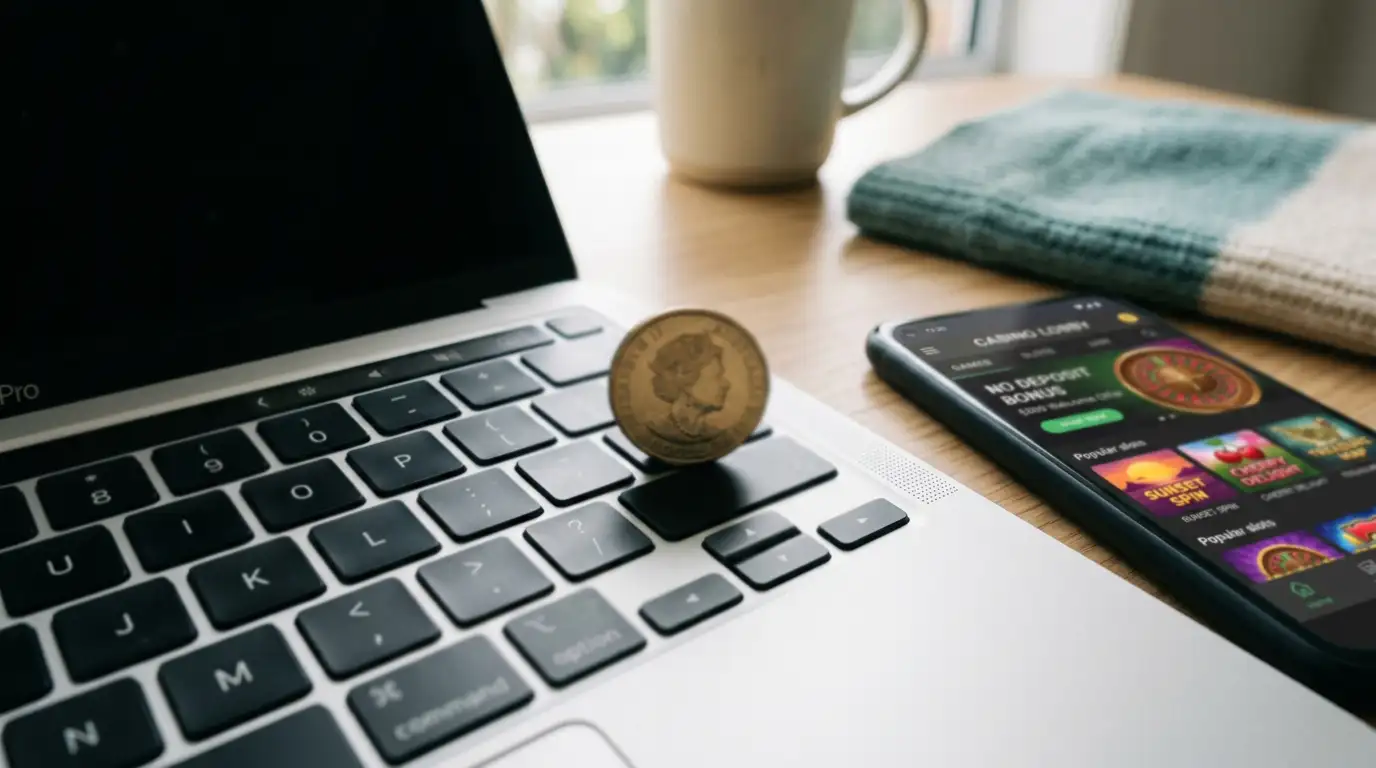 Single Australian dollar coin on laptop keyboard with casino interface on phone