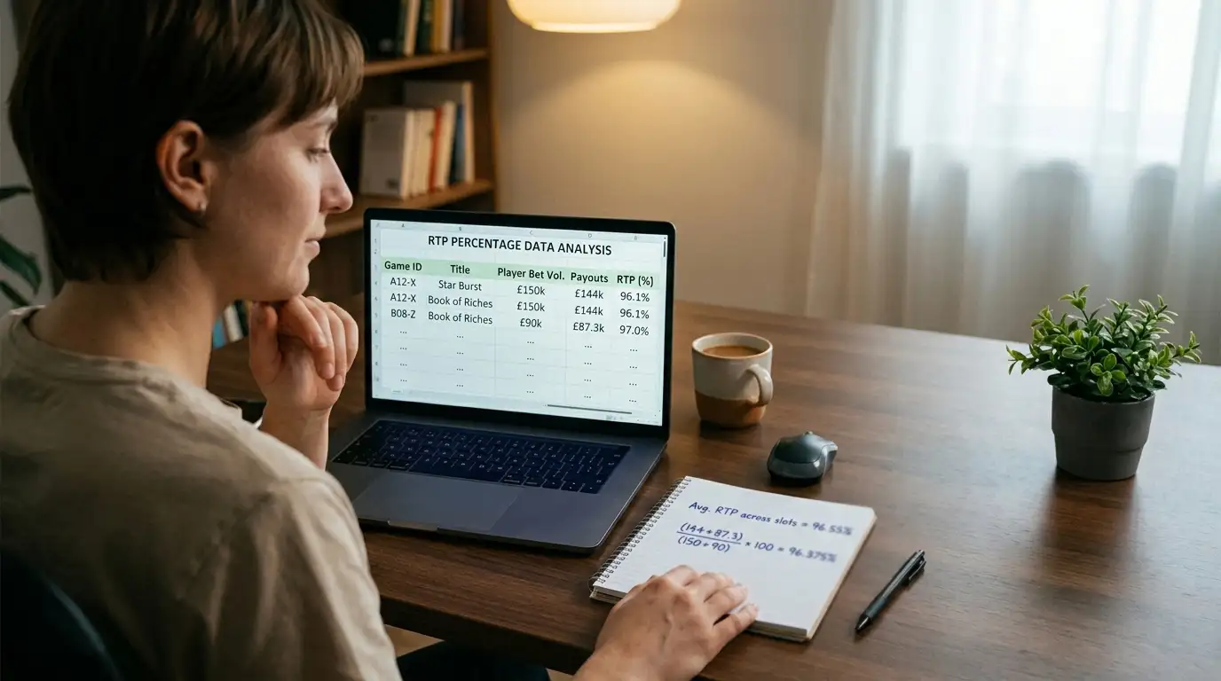 Person reviewing pokies RTP percentages on laptop screen with notepad calculations