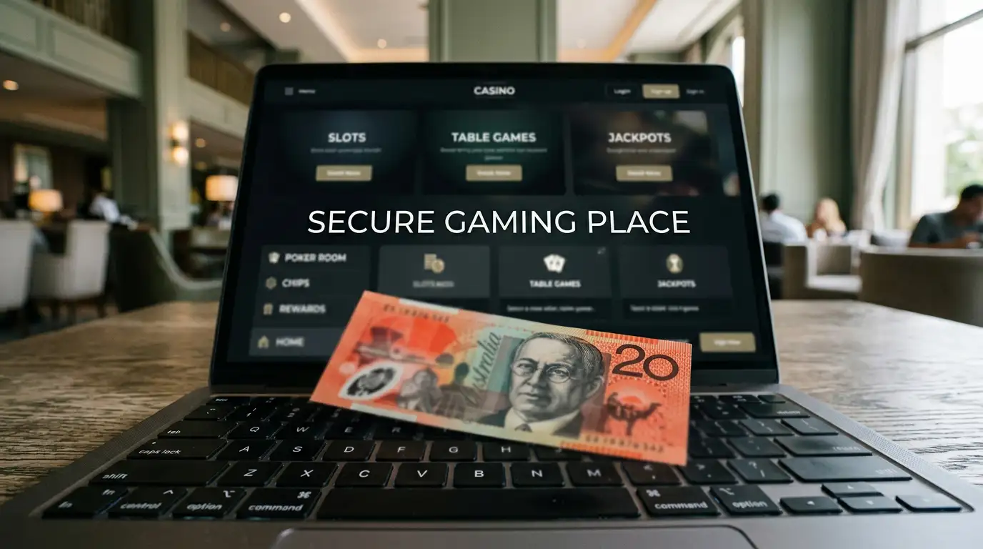 Australian twenty-dollar note on a laptop keyboard with casino lobby in background