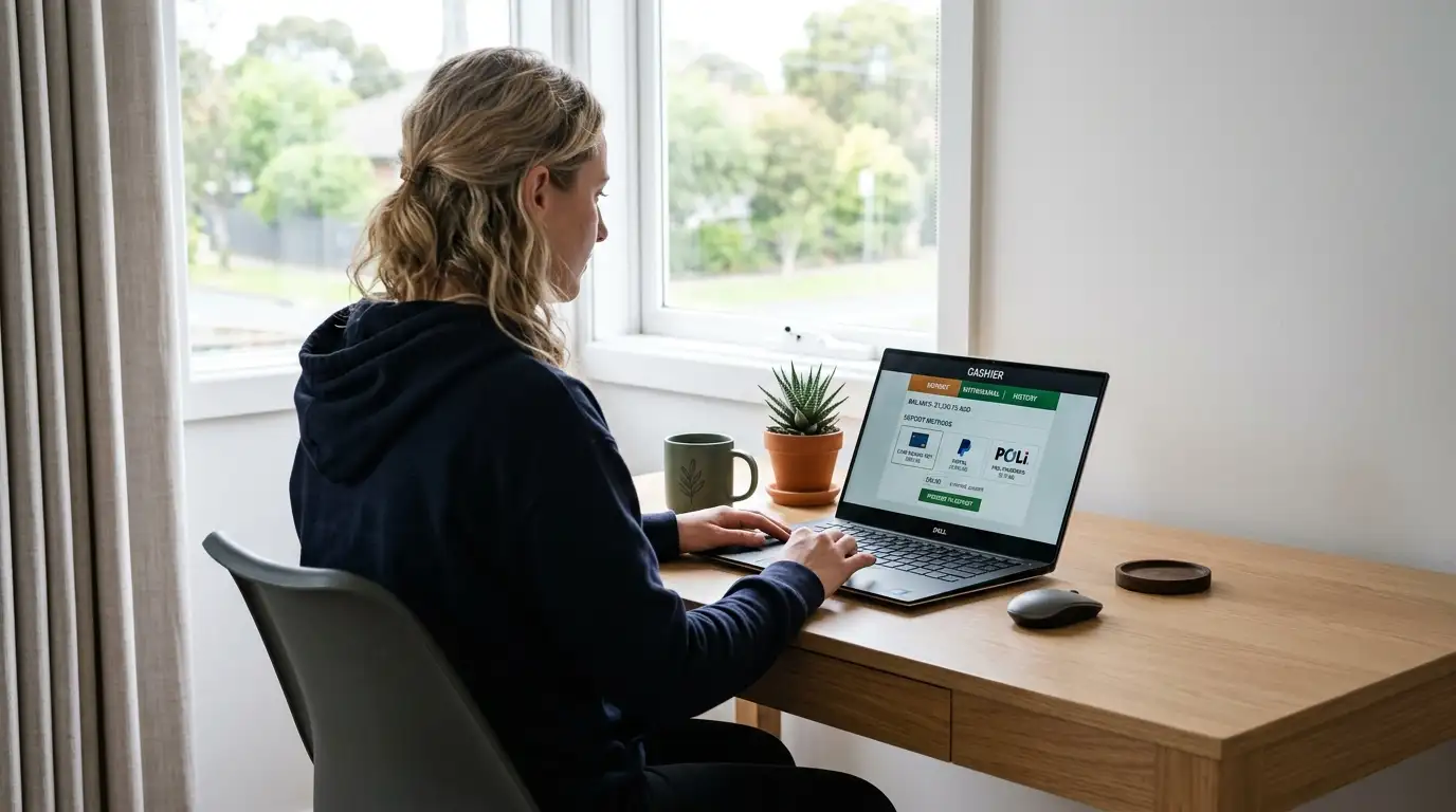 Australian player testing low-minimum deposit casino on laptop with coffee