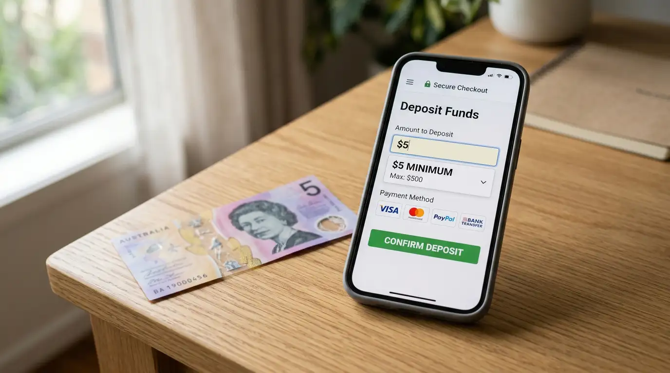 Australian dollars and smartphone showing casino deposit screen with $5 minimum threshold