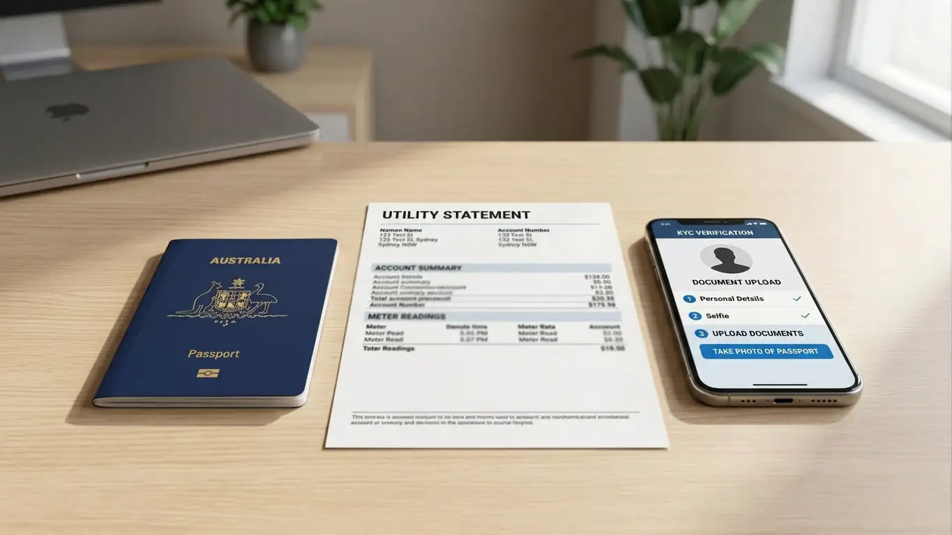 Clean desk with passport, utility bill, and smartphone showing KYC document upload screen
