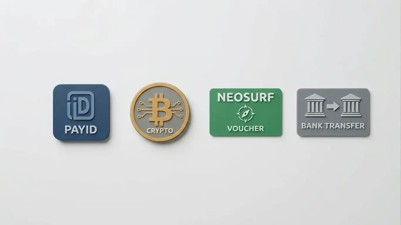 Payment method icons PayID crypto Neosurf bank transfer on clean background