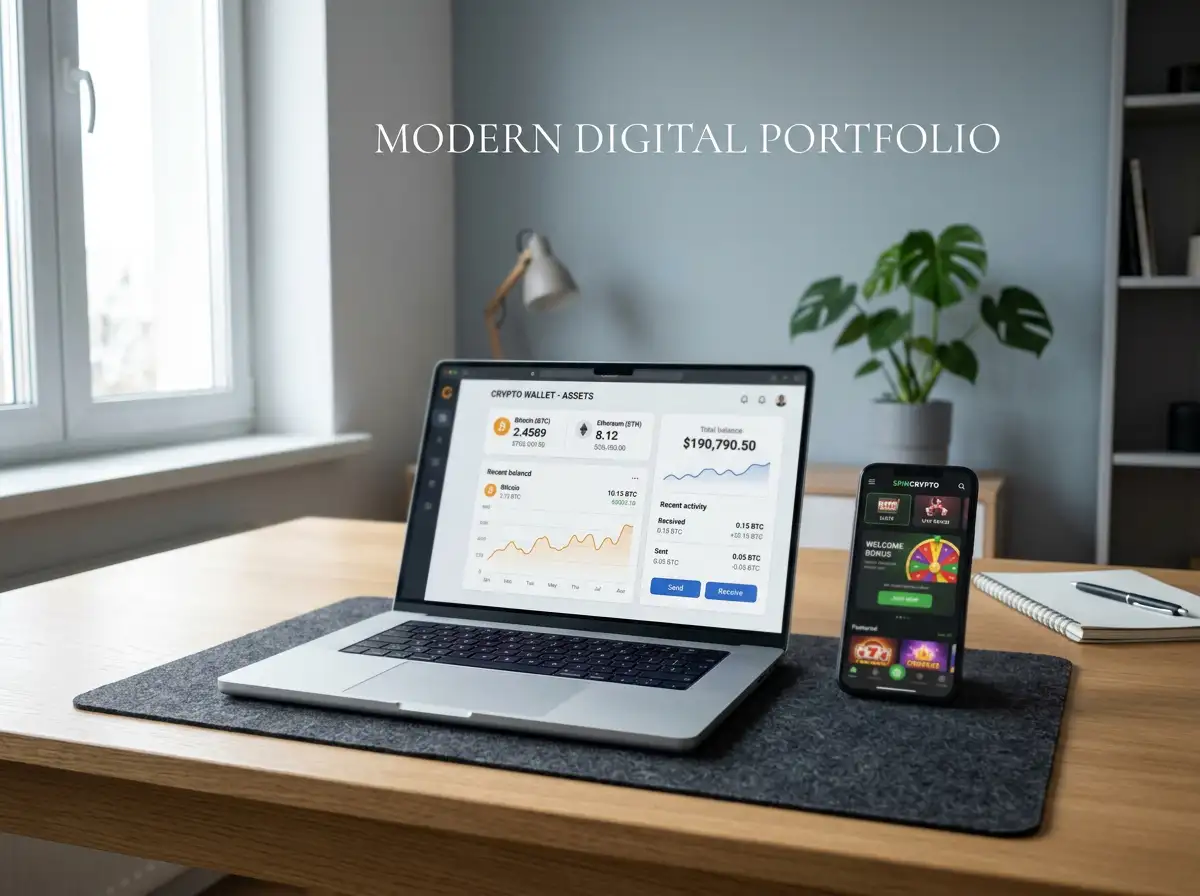 Anonymous crypto casino setup showing laptop with Bitcoin wallet and smartphone on desk