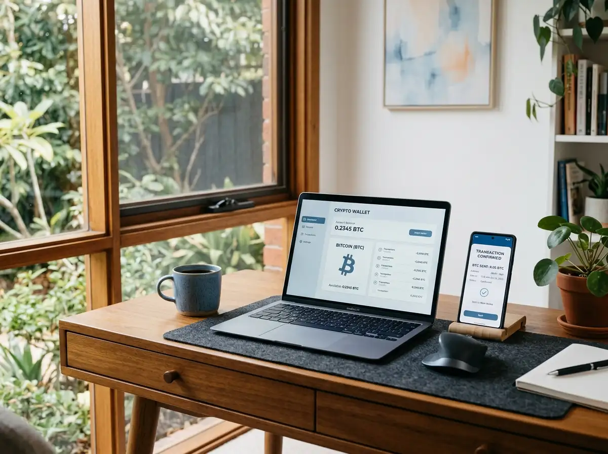 Australian player using laptop for crypto casino with Bitcoin symbol and secure wallet interface