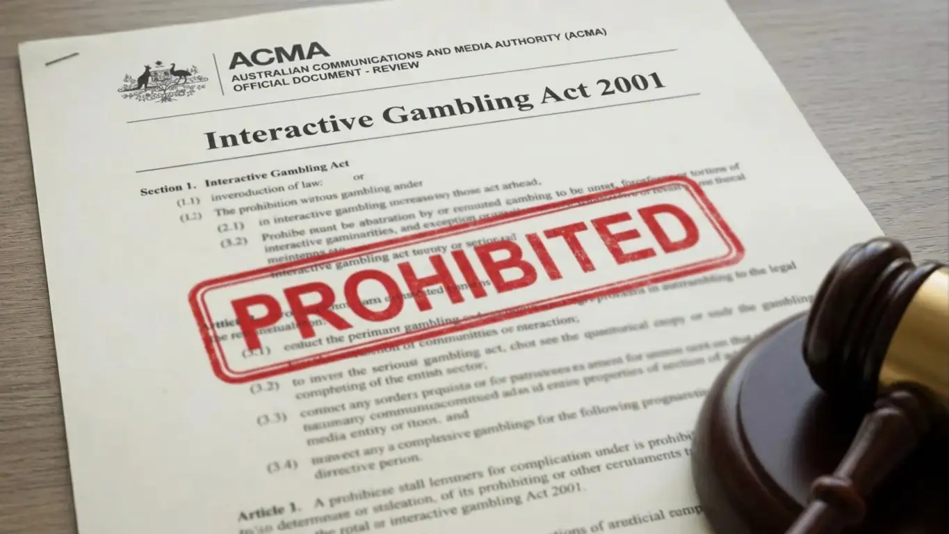 Australian government document showing Interactive Gambling Act 2001 with ACMA letterhead and prohibited stamp