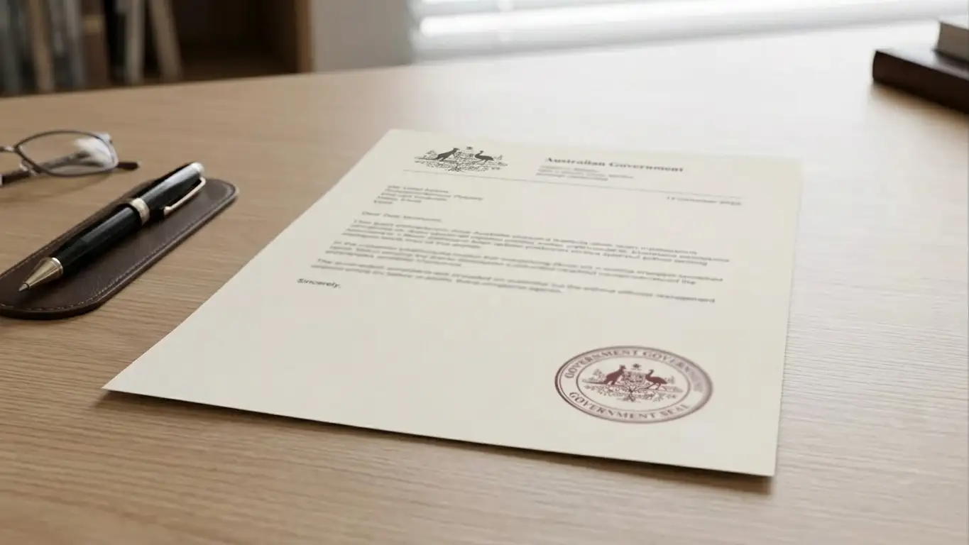 Australian legal document with official stamp on desk