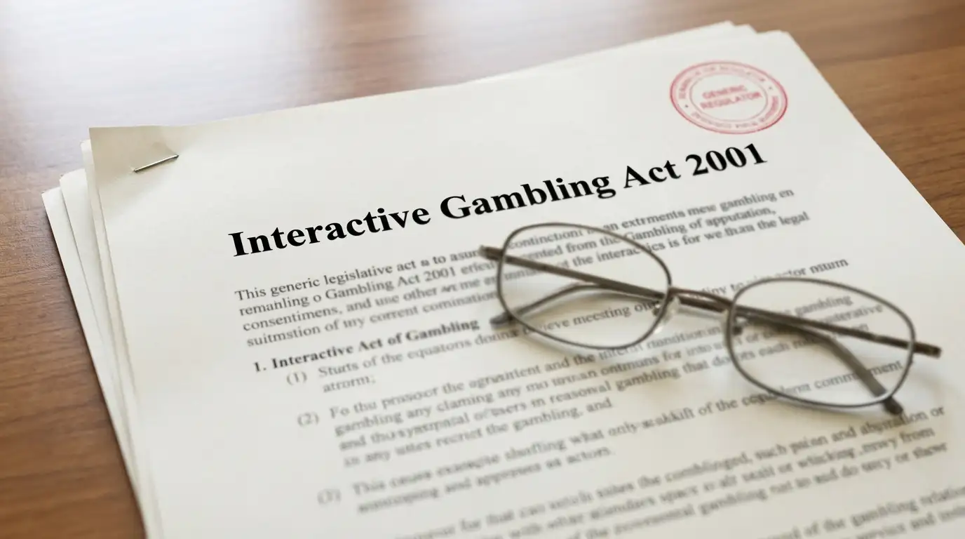 Official document pages showing Interactive Gambling Act 2001 with reading glasses and stamp
