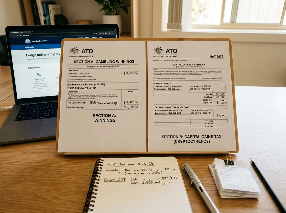 Tax documentation showing separation between non-taxable gambling winnings and CGT crypto transactions