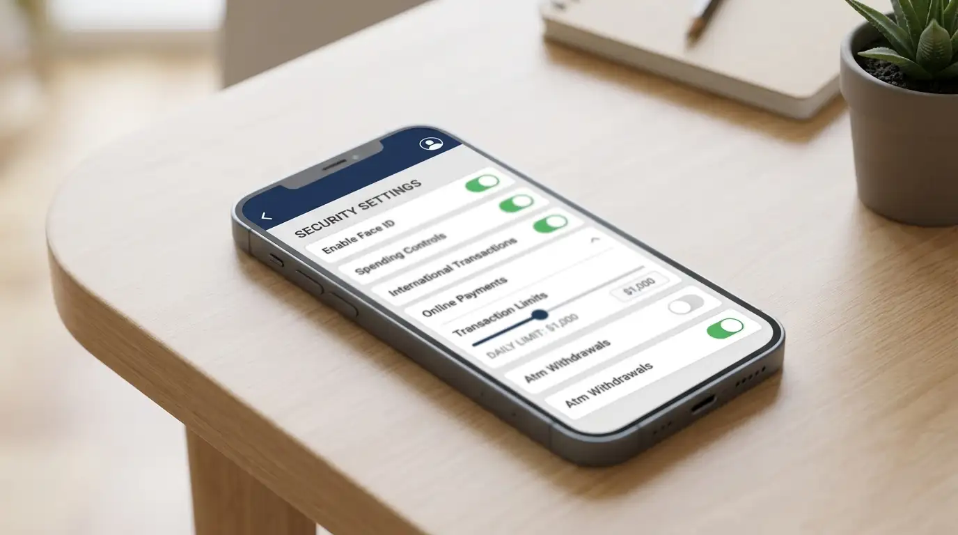 Banking app screen showing gambling block toggle and transaction limit settings