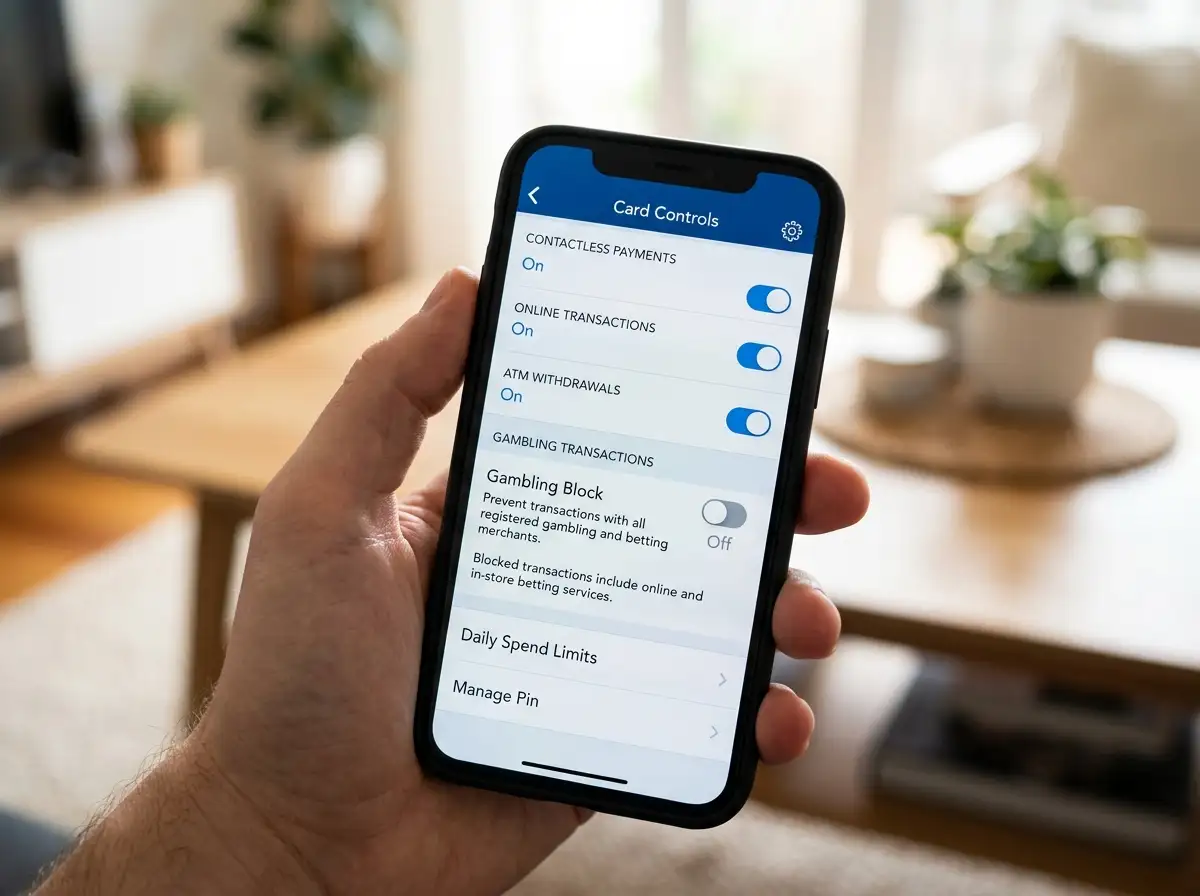 Australian bank mobile app showing gambling transaction block settings