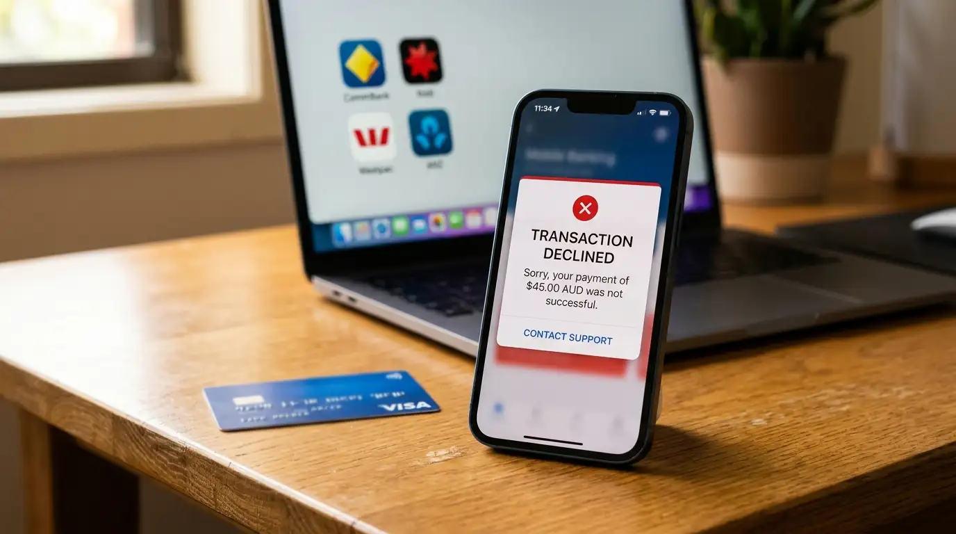 Australian Big Four bank logos and declined transaction notification on smartphone