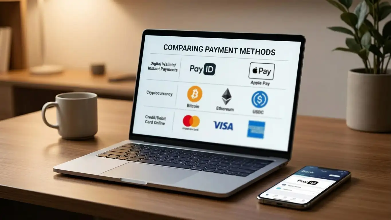 Clean desk setup showing multiple payment method icons including PayID crypto and credit cards