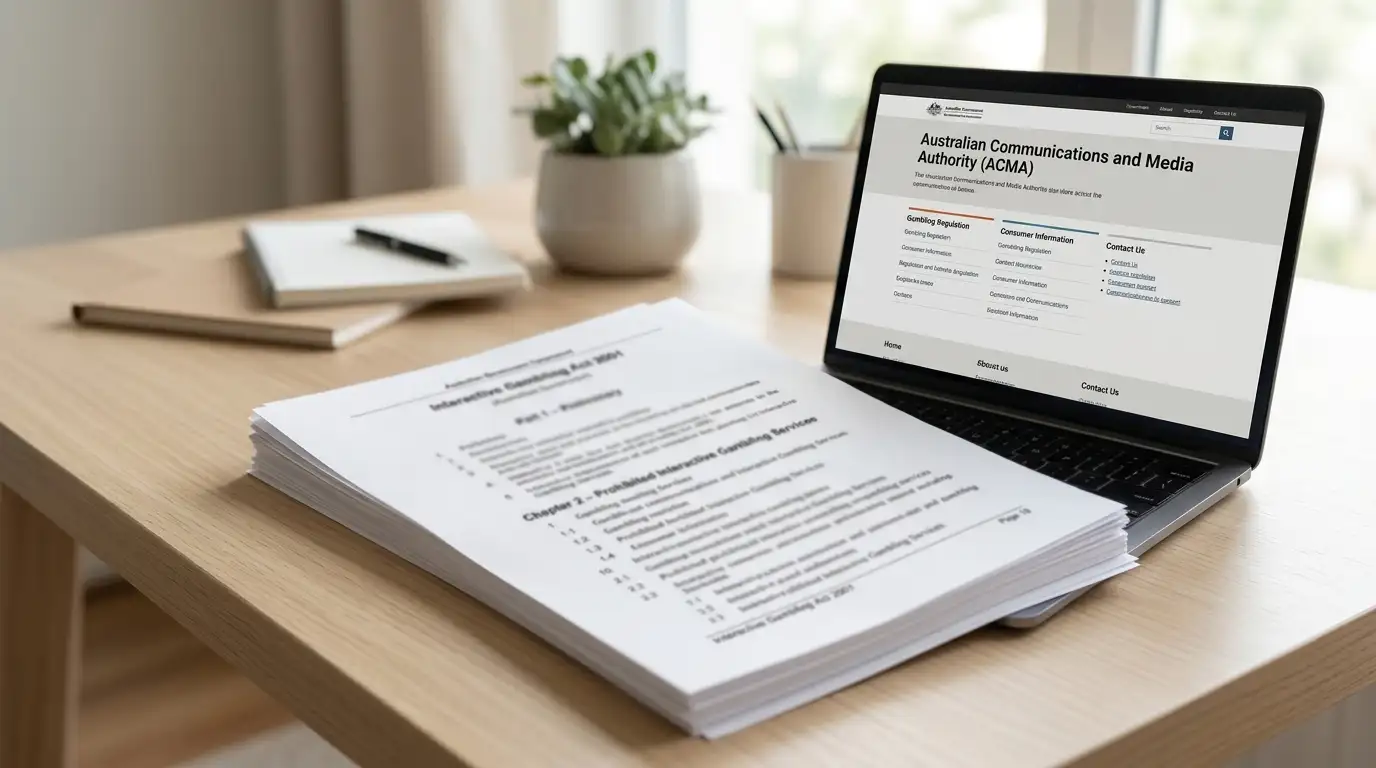 Australian Interactive Gambling Act document and ACMA website on laptop screen