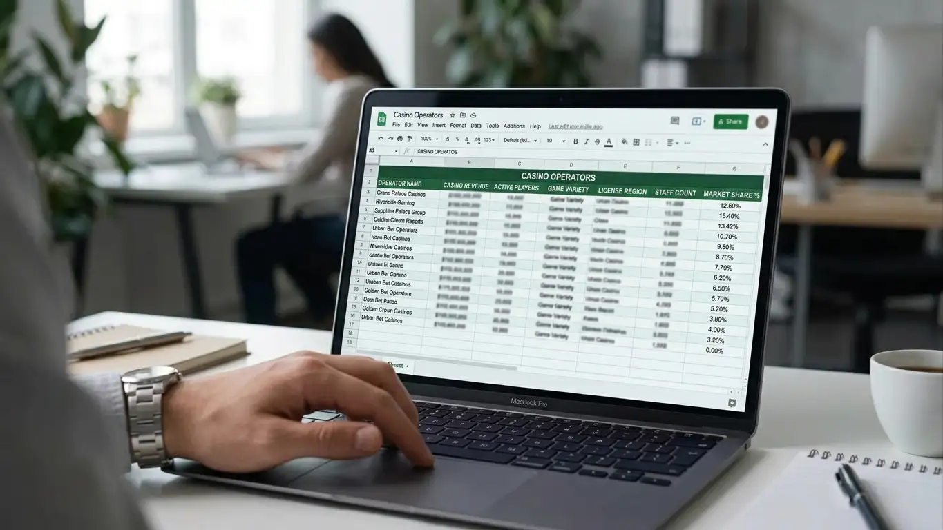 Person reviewing multiple casino operator comparison documents on a laptop screen