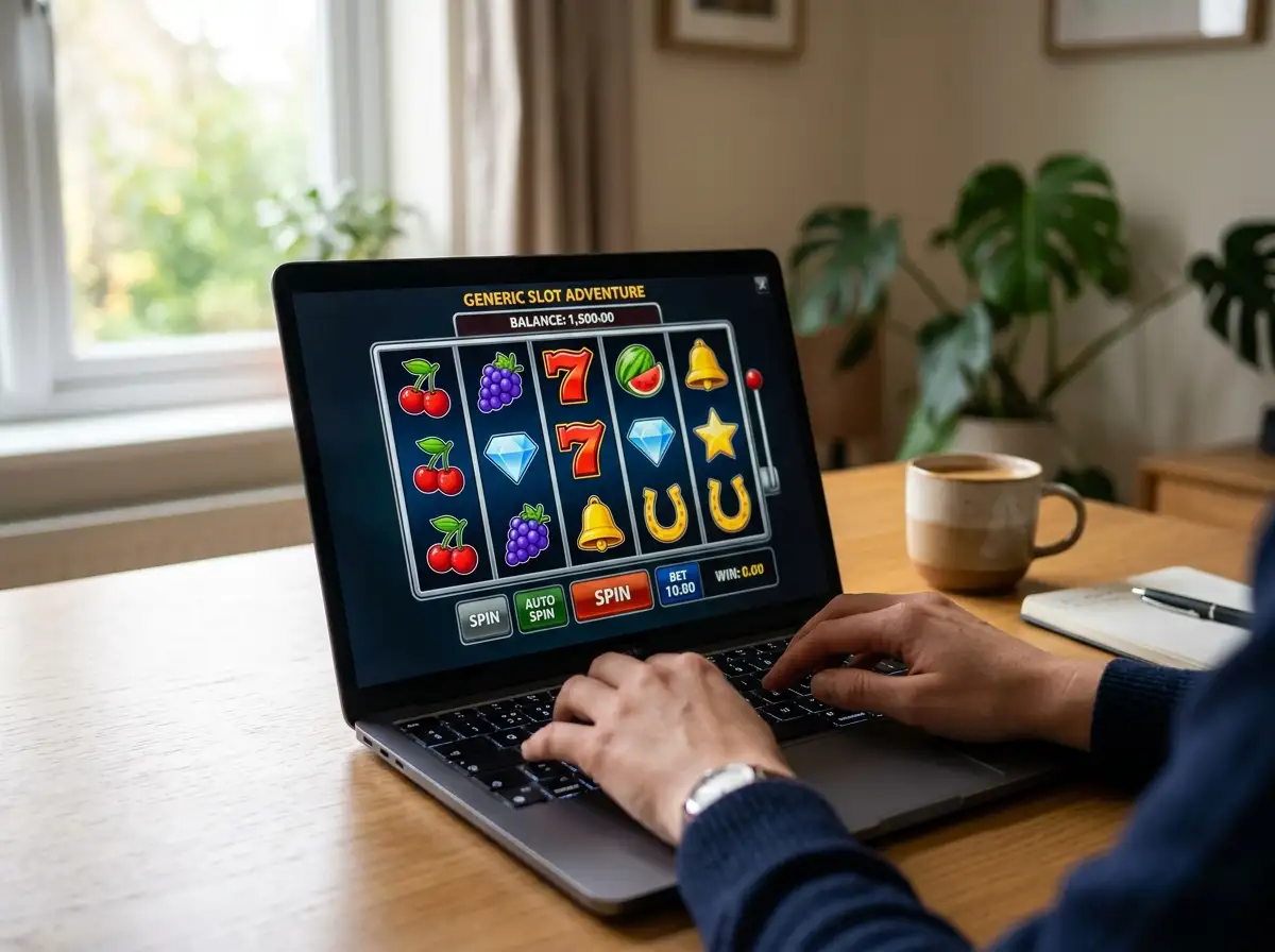 Laptop showing generic pokies reels with person's hands typing