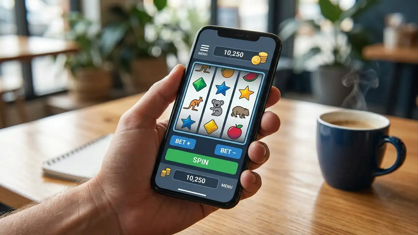 Mobile phone displaying pokies game with Pragmatic Play branding in lobby