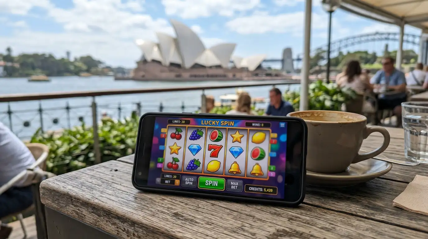 Smartphone displaying online pokies game on Australian cafe table with Sydney Opera House in background