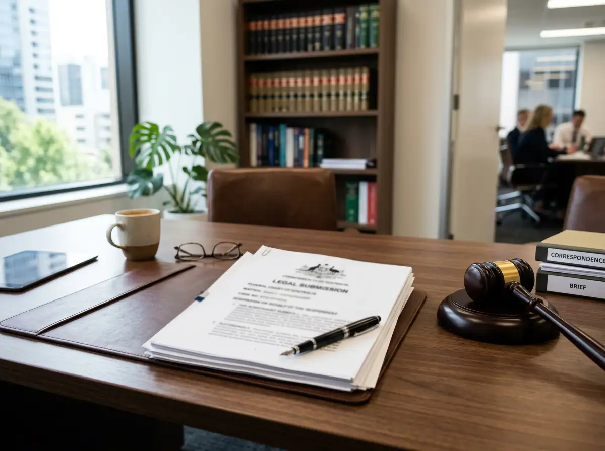 Professional desk with legal documents and Australian Commonwealth emblem on official papers
