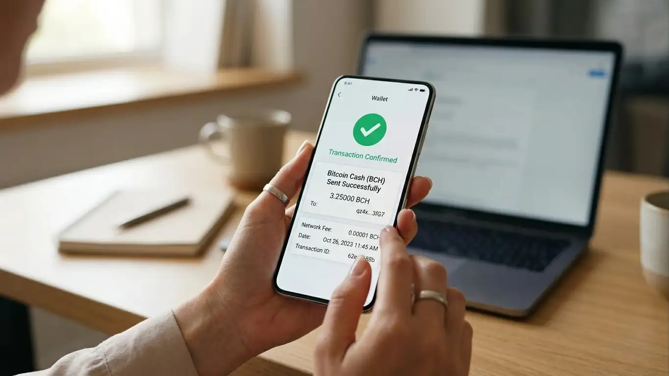 Person using smartphone with crypto wallet displaying Bitcoin Cash transfer confirmation