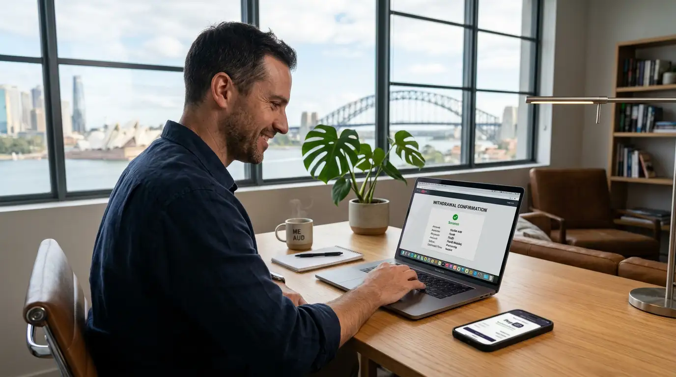 Australian player checking instant casino withdrawal on laptop with PayID confirmation