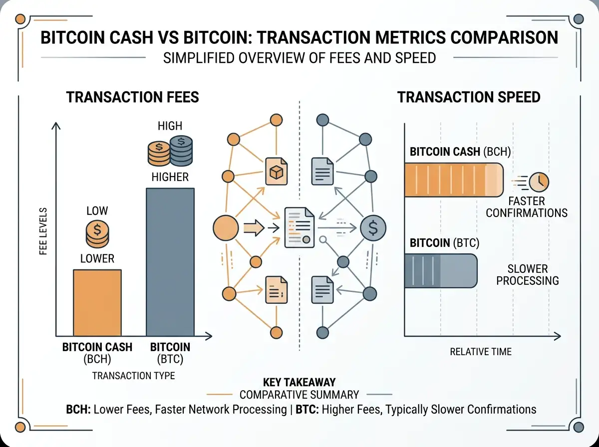 Comparison chart showing Bitcoin Cash versus Bitcoin transaction fees and speeds