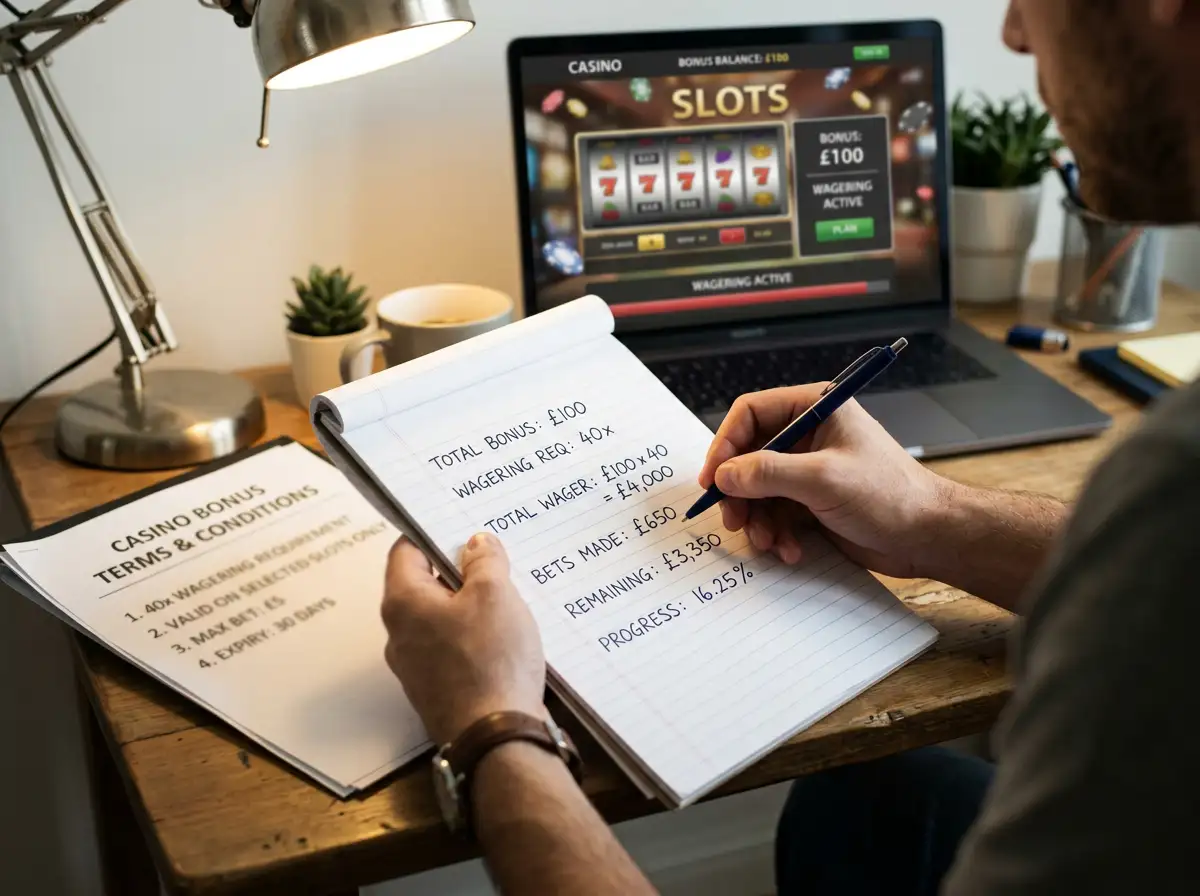 Person at desk with notepad calculating casino bonus wagering requirements