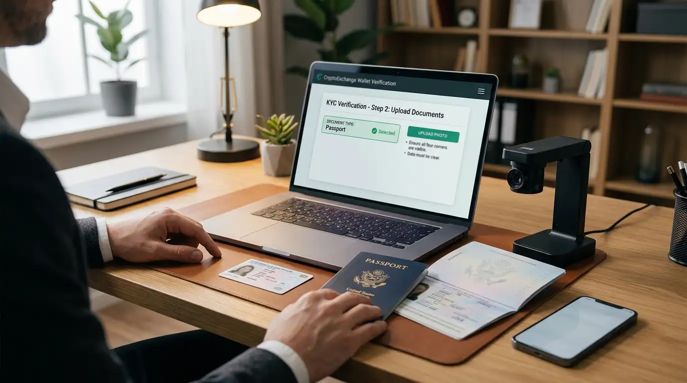 Desktop with identity documents and laptop showing cryptocurrency wallet verification screen
