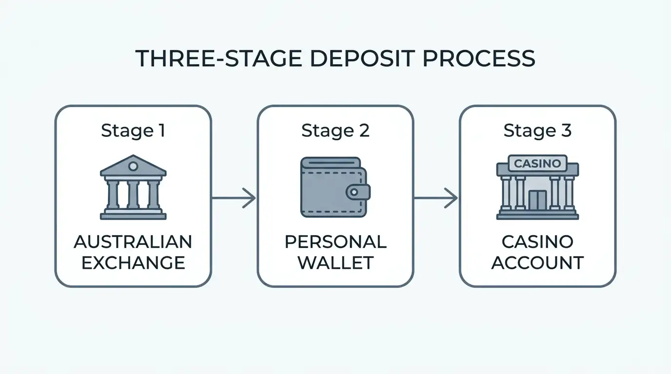Step-by-step guide showing cryptocurrency wallet to casino deposit process