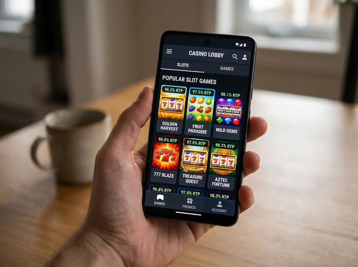 Mobile phone displaying Bitcoin pokies game library with RTP percentages visible