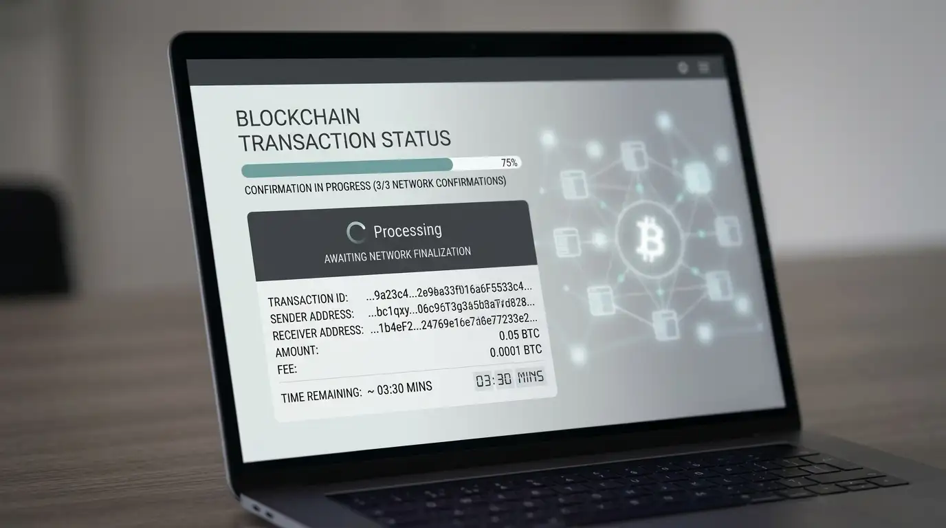 Laptop screen showing cryptocurrency blockchain transaction confirmation timer