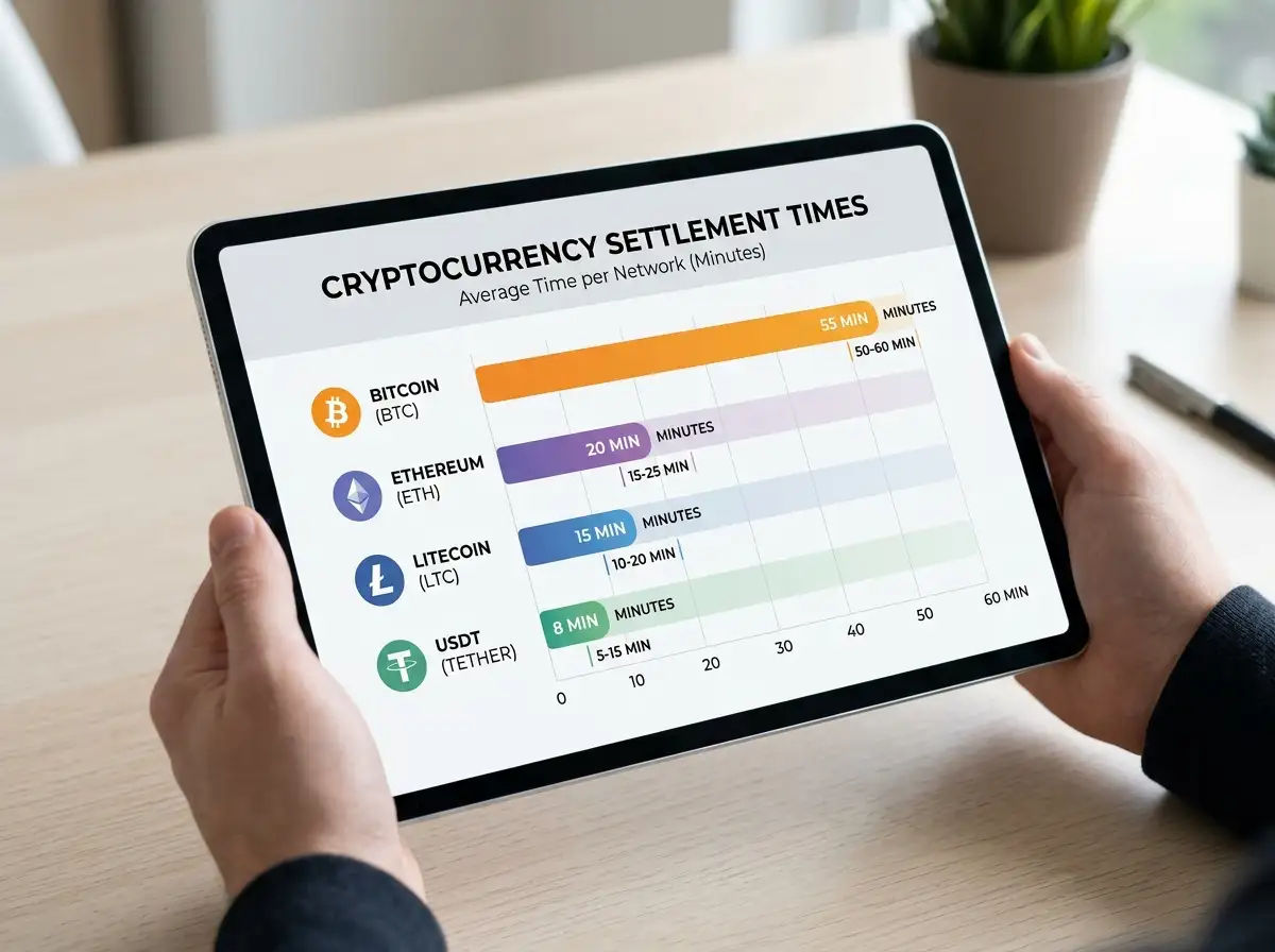 Chart comparing blockchain settlement times for Bitcoin, Ethereum, Litecoin, and USDT