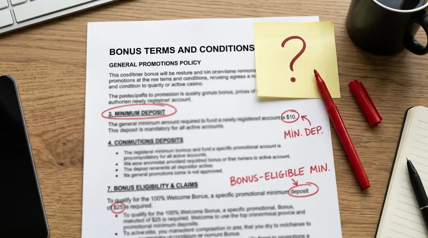 Casino bonus terms document with minimum deposit and bonus-eligible minimum amounts circled