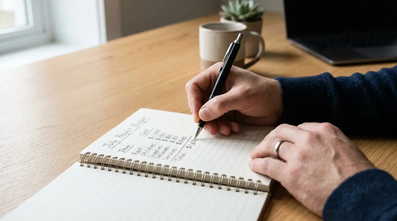 Hands holding a pen over a notebook with simple calculations showing deposit versus bonus threshold amounts