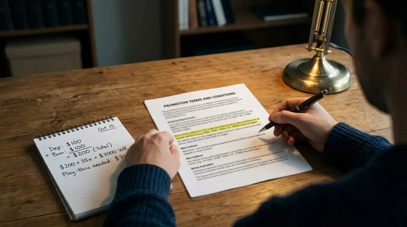 Person reviewing bonus terms document highlighting wagering requirements