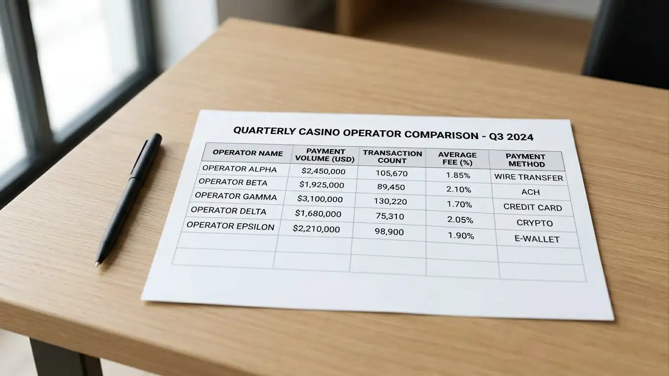 Organized desk with casino operator comparison spreadsheet showing payment methods and licensing details