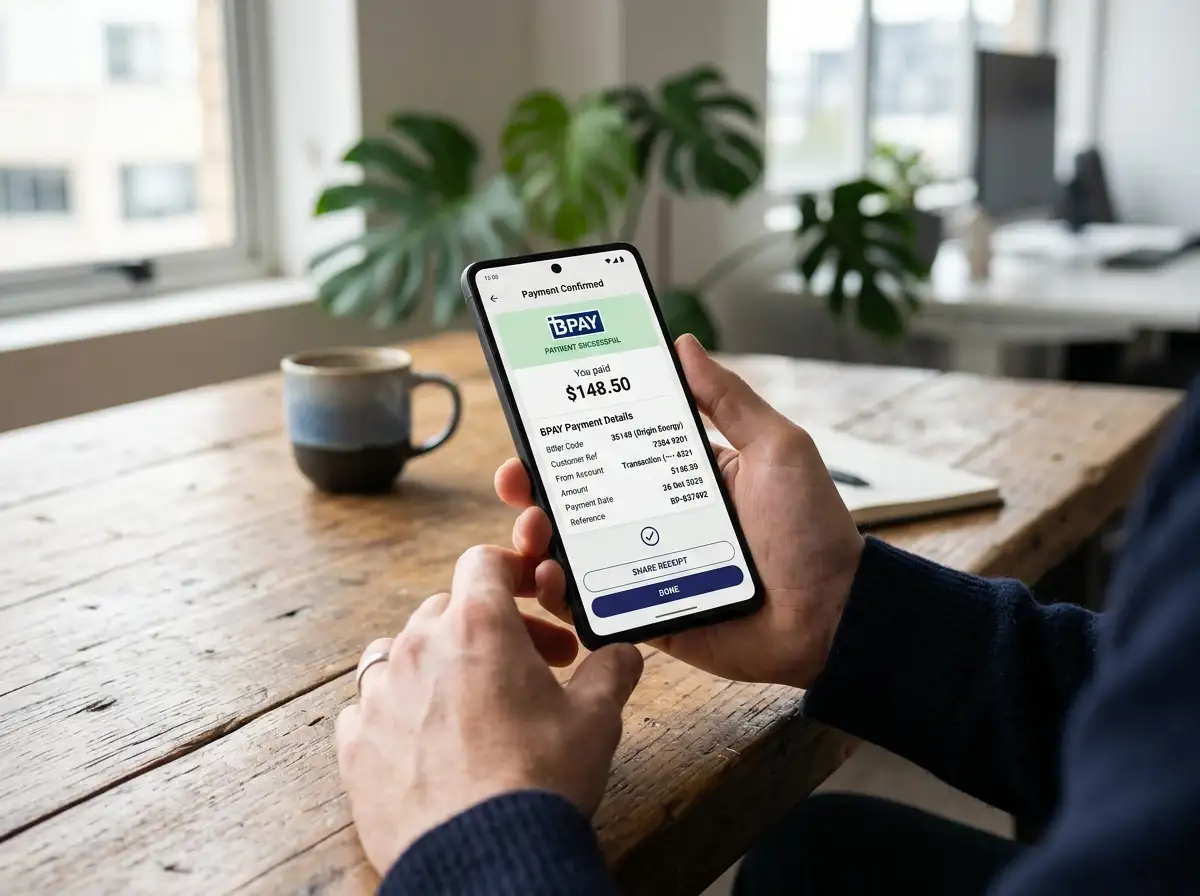 Person holding smartphone with mobile banking app showing BPAY payment confirmation screen