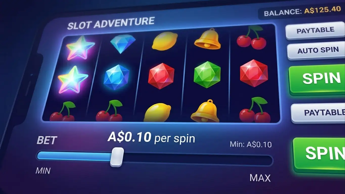 Online pokies game screen showing bet adjustment slider at low stakes