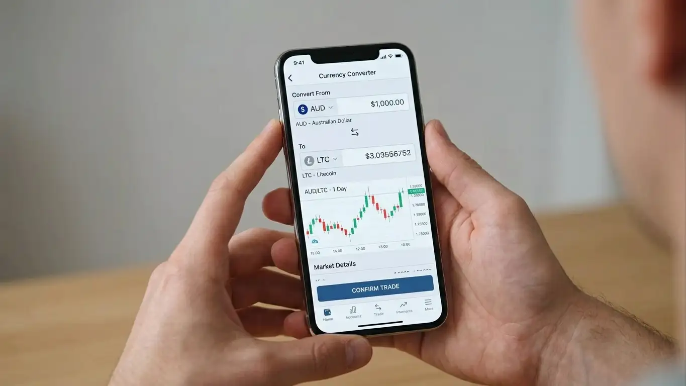 Smartphone showing crypto exchange interface with Australian dollar to Litecoin conversion screen