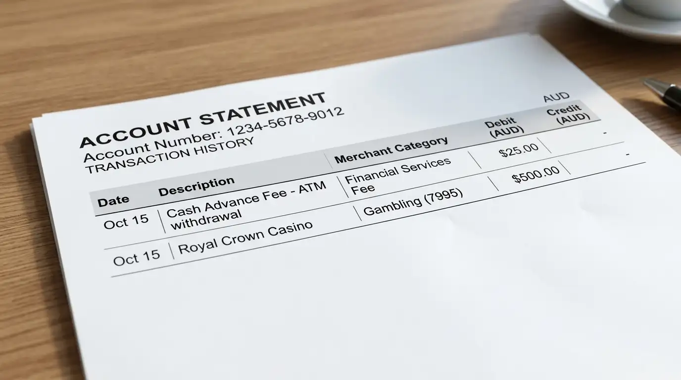 Bank statement showing cash advance fee on credit card gambling transaction