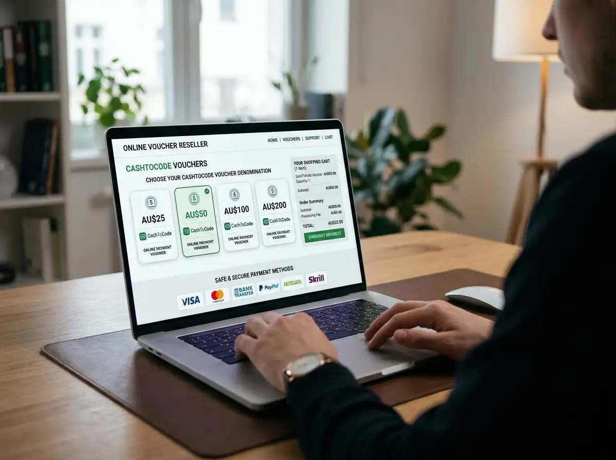 Laptop screen showing CashToCode voucher purchase process from online reseller
