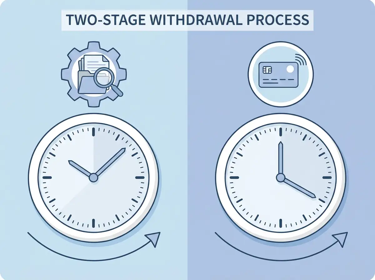 Split-screen showing two clocks representing casino approval and payment settlement stages