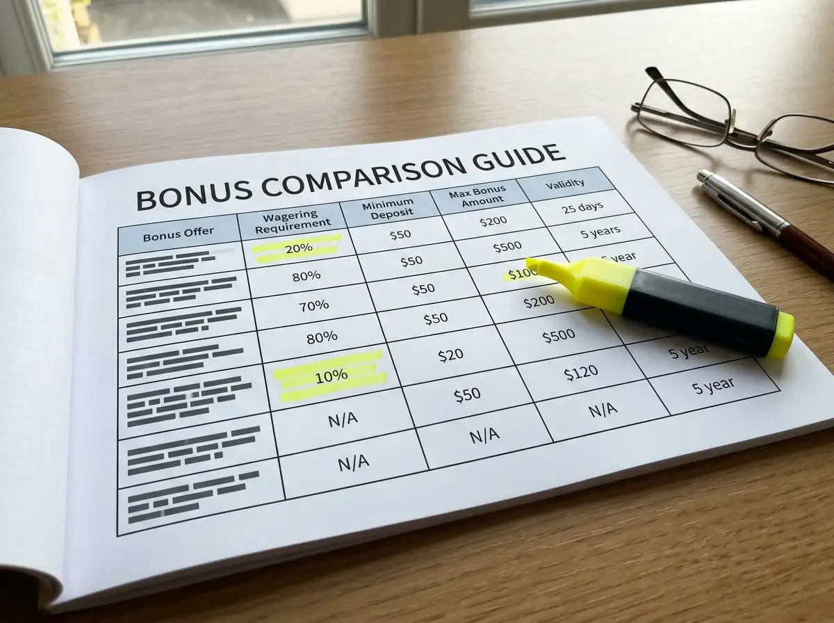 Comparison table of offshore casino first deposit bonuses with wagering requirements and time limits
