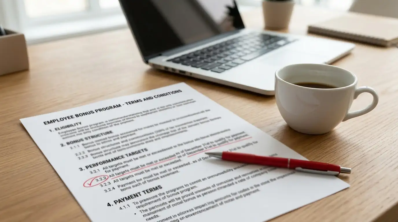 Printed bonus terms document on desk with red pen marking clause