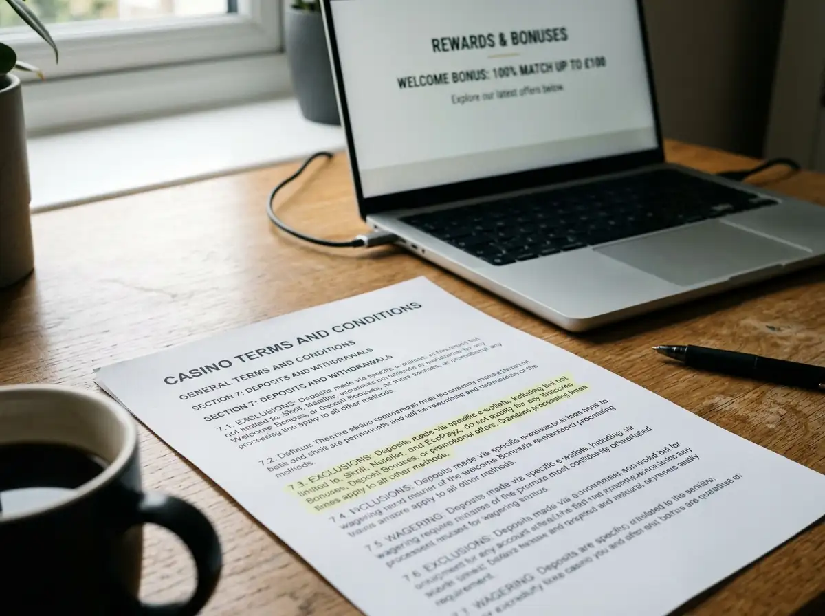 Casino bonus terms document with e-wallet exclusion clause highlighted