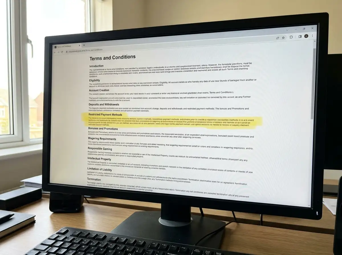 Welcome bonus terms and conditions page highlighting restricted payment methods clause