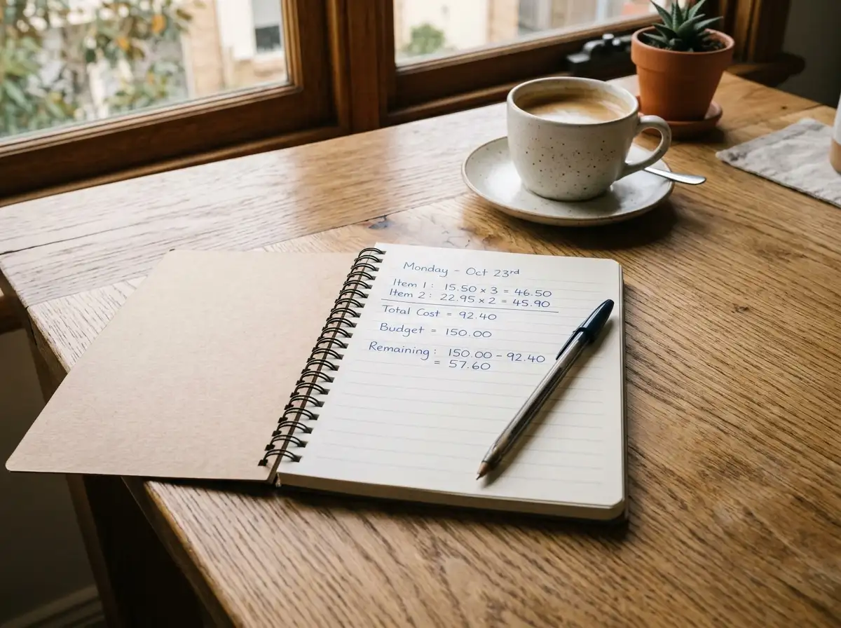 Desk with notepad showing bonus wagering calculations and coffee cup