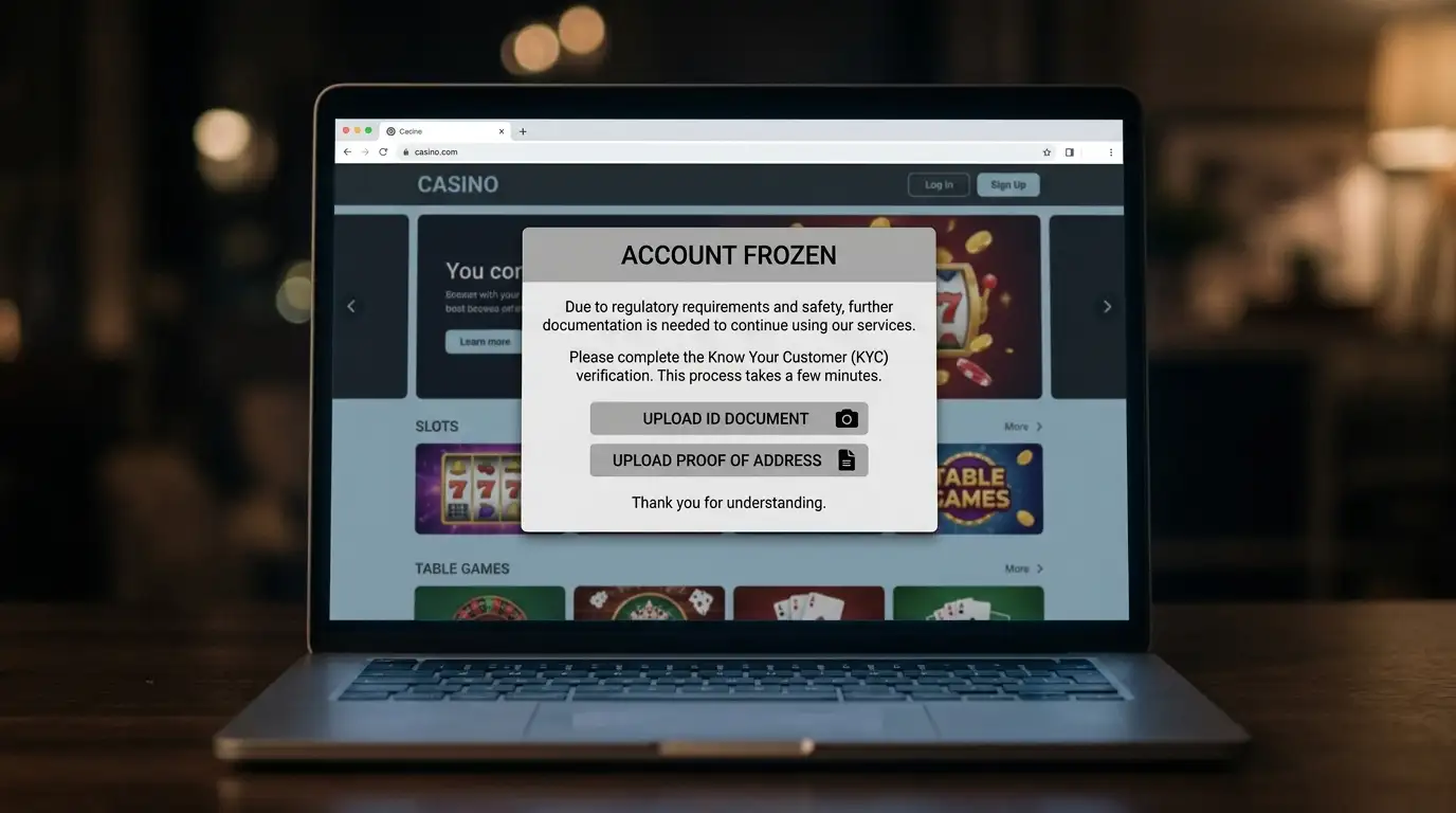 Warning notice showing account frozen pending KYC verification on casino interface