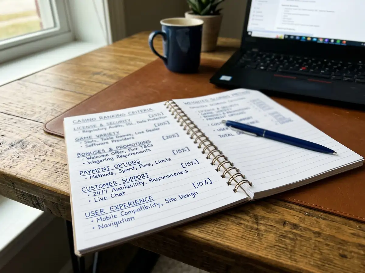 Desk with notebook showing casino ranking criteria and weighted scoring method