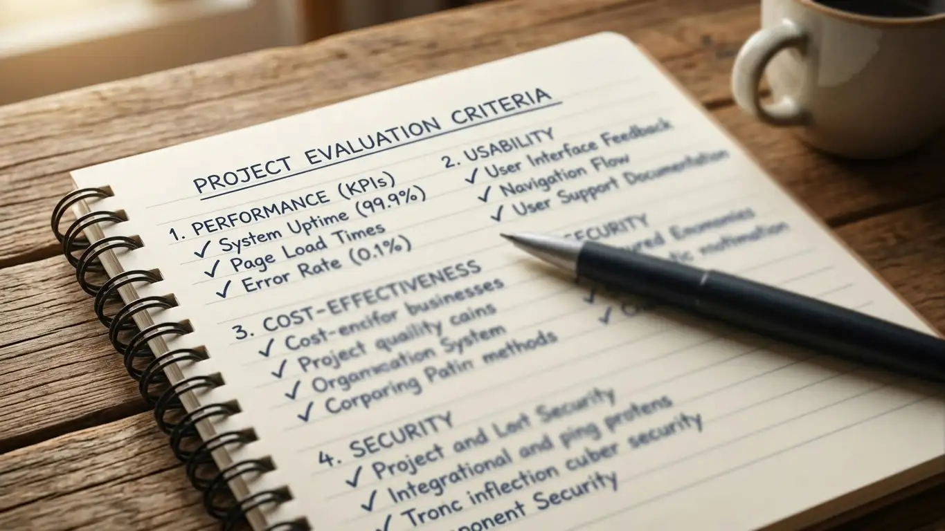 Notepad with handwritten list and checkmarks showing evaluation criteria